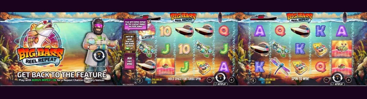 Big Bass Reel Repeat е риболовен слот от Pragmatic Play с 5 барабана, 10 линии, безплатни завъртания, парични символи и безплатно демо.