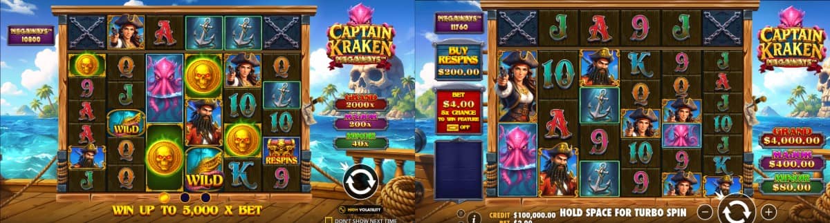 Captain Kraken Megaways е пиратски слот от Pragmatic Play с 6 барабана, до 200 704 начина за печалба, повторни завъртания и множители до 100 пъти.