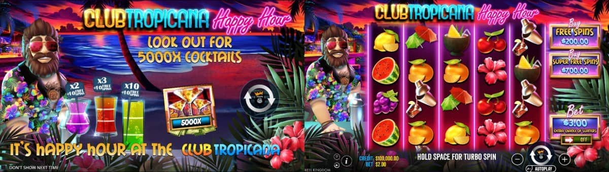Club Tropicana – Happy Hour слот от Pragmatic Play с тропическа тема, 5 барабана, 12 линии, безплатни завъртания, множители и безплатно демо.