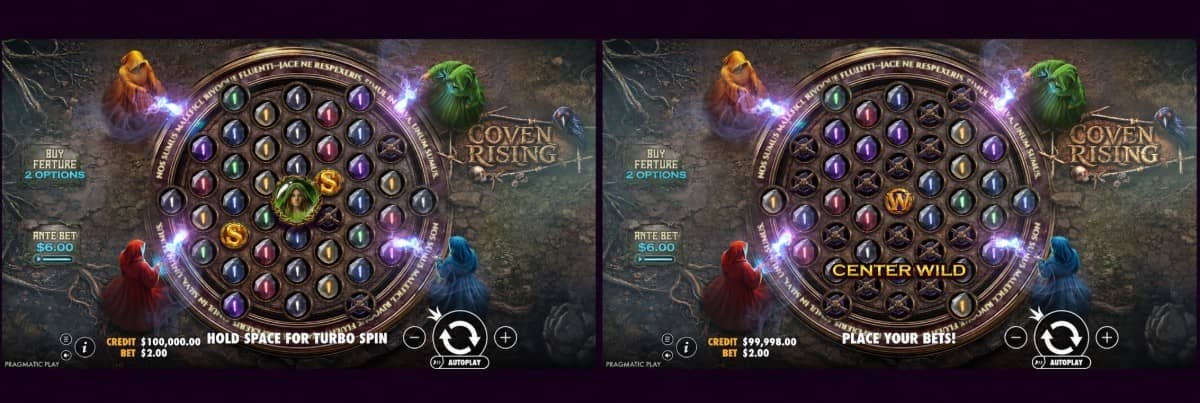 Coven Rising слот от Pragmatic Play с клъстерни печалби, вещици, до 24 безплатни завъртания, печалба до 5000x и безплатно демо.