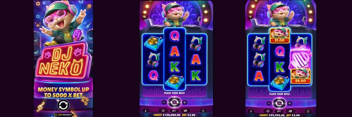 DJ Neko е слот от Pragmatic Play с поле 3×4×3, 10 линии, диско тема, парични символи до 5000x и 8 безплатни завъртания с демо игра.