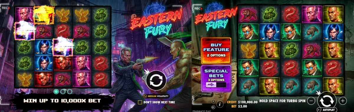Eastern Fury е слот от Pragmatic Play с поле 5×5, 15 линии, множители до 100 пъти, 20 безплатни завъртания и безплатно демо.