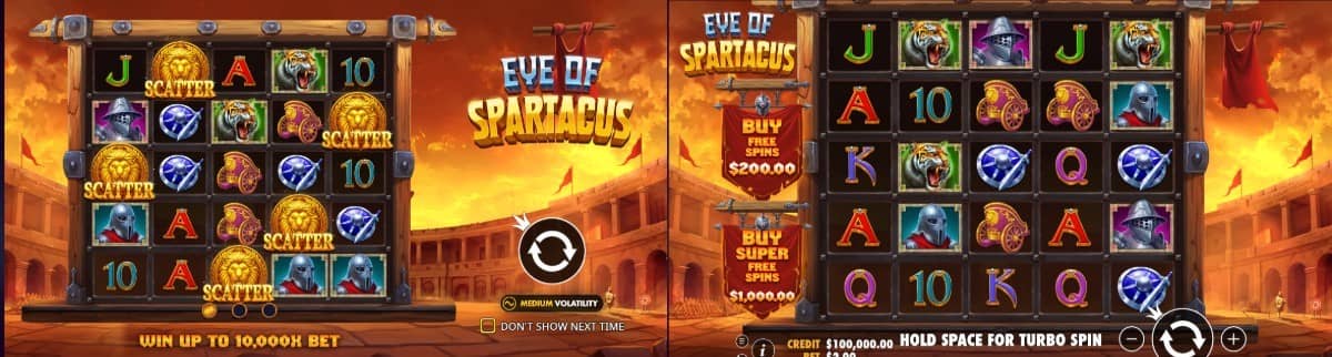 Eye of Spartacus слот от Pragmatic Play с 5×5 поле, 15 линии, разширяващ се заместващ символ, множители до 100x и печалба до 10 000x.