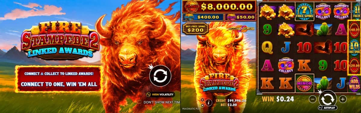 Fire Stampede 2 е слот от Pragmatic Play с 1875 начина за печалба, свързващи символи, безплатни завъртания и максимум 8300x.