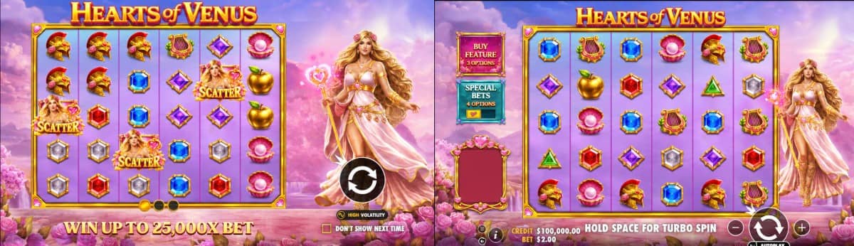 Hearts of Venus е слот от Pragmatic Play с поле 6×5, множители до 1024 пъти, 6 безплатни завъртания, печалба до 25 000 пъти и безплатно демо.