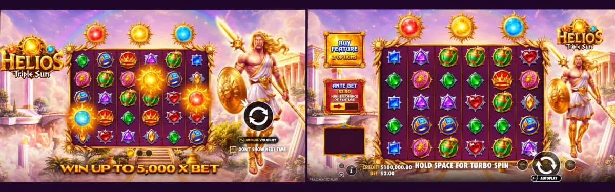 Helios – Triple Sun слот от Pragmatic Play с три слънчеви символа, каскадни печалби, множители, 8 безплатни завъртания и безплатно демо.