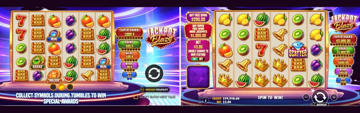 Jackpot Blaze е слот от Pragmatic Play с поле 6×5, каскадни печалби, 5 джакпота, безплатни завъртания и максимум 5000 пъти залога