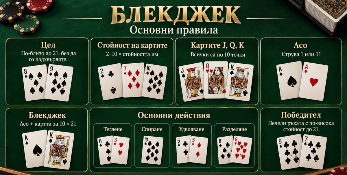 Как се играе блекджек: правила, стойност на картите, действия на играча, блекджек, разделяне, удвояване и определяне на победителя.
