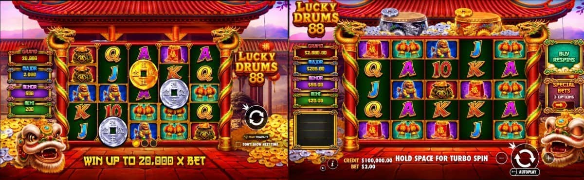 Lucky Drums 88 е слот от Pragmatic Play с решетка 5×5, монети, повторни завъртания, печалба до 20 000 пъти и безплатно демо.