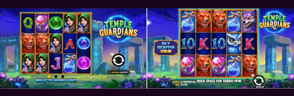 Temple Guardians слот от Pragmatic Play с парични символи, повторни завъртания, награда до 10 000x и безплатна демо версия.