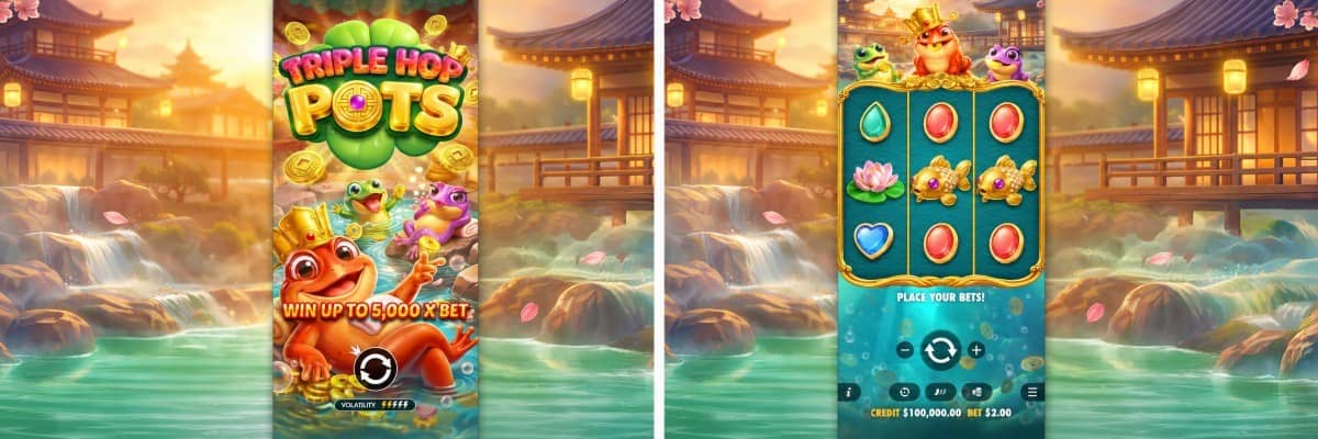 Triple Hop Pots слот от Pragmatic Play с цветни жаби, монетни символи, множители до 6x, 6 безплатни завъртания и безплатно демо.
