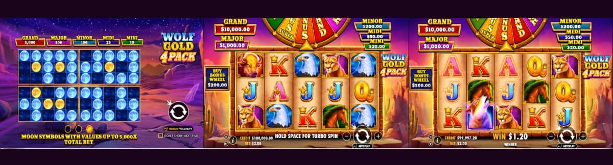 Wolf Gold 4 Pack е слот от Pragmatic Play с 25 линии, бонус колело, 4 бонус полета, лунни символи,печалба до 5100 пъти залога и безплатно демо.