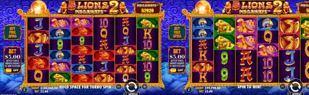 5 Lions Megaways™ 2 слот е игра на Pragmatic Play с до 262 144 начина за печалба, множители на заместващите символи до 100x, безплатни завъртания и демо.