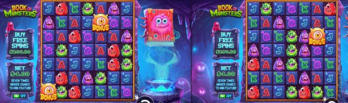 Book of Monsters е casino slot на Pragmatic Play с поле 7×7, Fat символ до 7×7, Free Spins, RTP 96,50% и безплатна демо версия.
