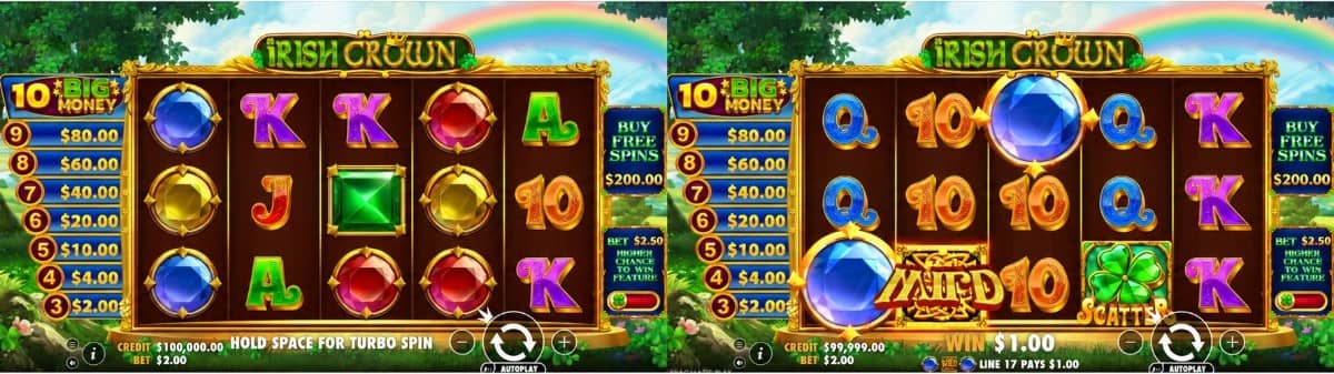  Irish Crown slot от Pragmatic Play е casino слот с RTP 96,52%, 20 линии, Big Money Bonus, Free Spins, Mystery символ и безплатно демо.
