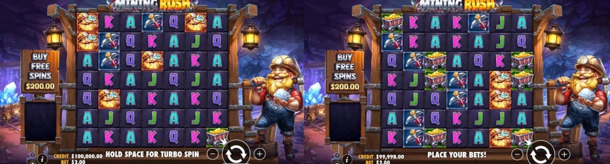 Mining Rush slot от Pragmatic Play е casino слот с RTP 96,56%, поле 7×7, Tumble, Nuggets до 1000x, Free Spins и безплатно демо.