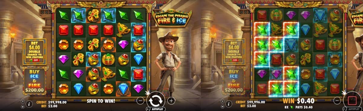 Escape the Pyramid – Fire & Ice slot от Pragmatic Play е casino слот с RTP 96,50%, Fire & Ice функции, каскади, множители и безплатно демо.