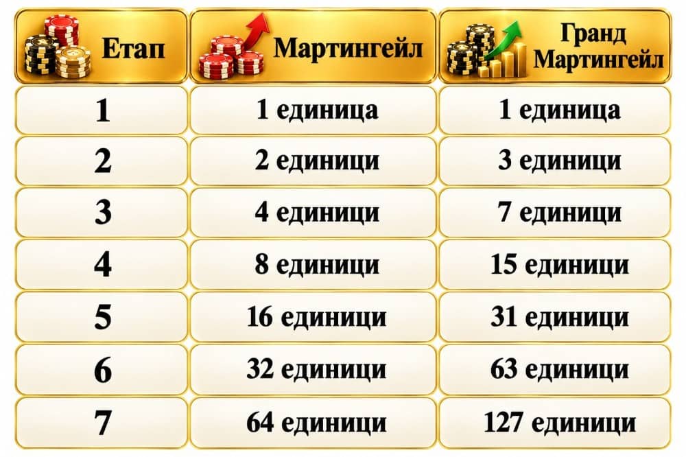 Система за залагане Гранд Мартингейл – правила, примери и отрицателна прогресия. Научете как работи тази бетинг стратегия при рулетка, бакара и блекджек. Система за залагане Гранд Мартингейл – правила, примери и отрицателна прогресия. Научете как работи тази бетинг стратегия при рулетка, бакара и блекджек.
