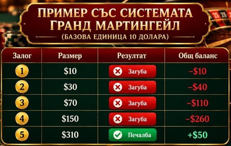 Система за залагане Гранд Мартингейл – правила, примери и отрицателна прогресия. Научете как работи тази бетинг стратегия при рулетка, бакара и блекджек.