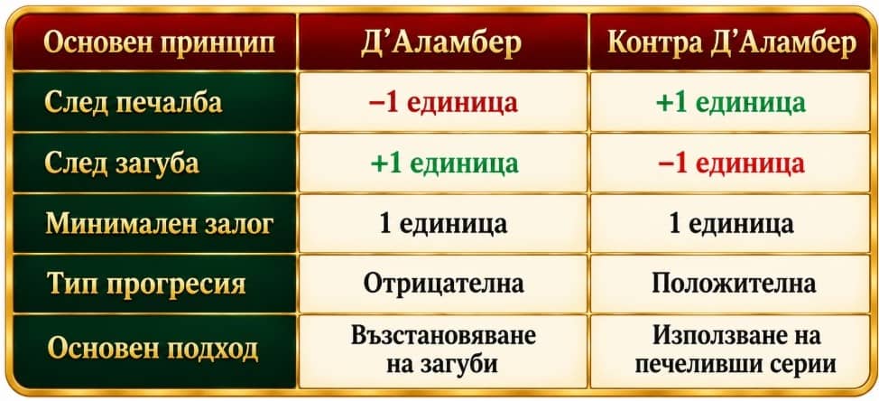 Система за залагане Контра Д'Аламбер – вижте как работи тази казино стратегия, какви са правилата и как се прилага при рулетка, бакара и блекджек.