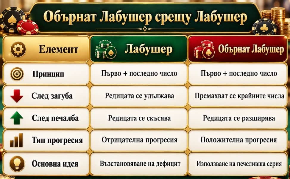 Система за залози Обърнат Лабушер – научете как работи тази бетинг система с положителна прогресия и как се прилага стратегията при рулетка, бакара и блекджек.