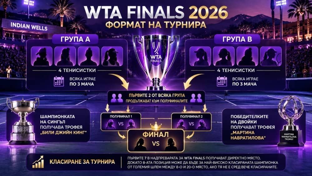 WTA Finals 2026 ще се проведе от 8 до 15 ноември в Индиън Уелс. Виж програмата на турнира, формата, участничките и фаворитите за титлата.
